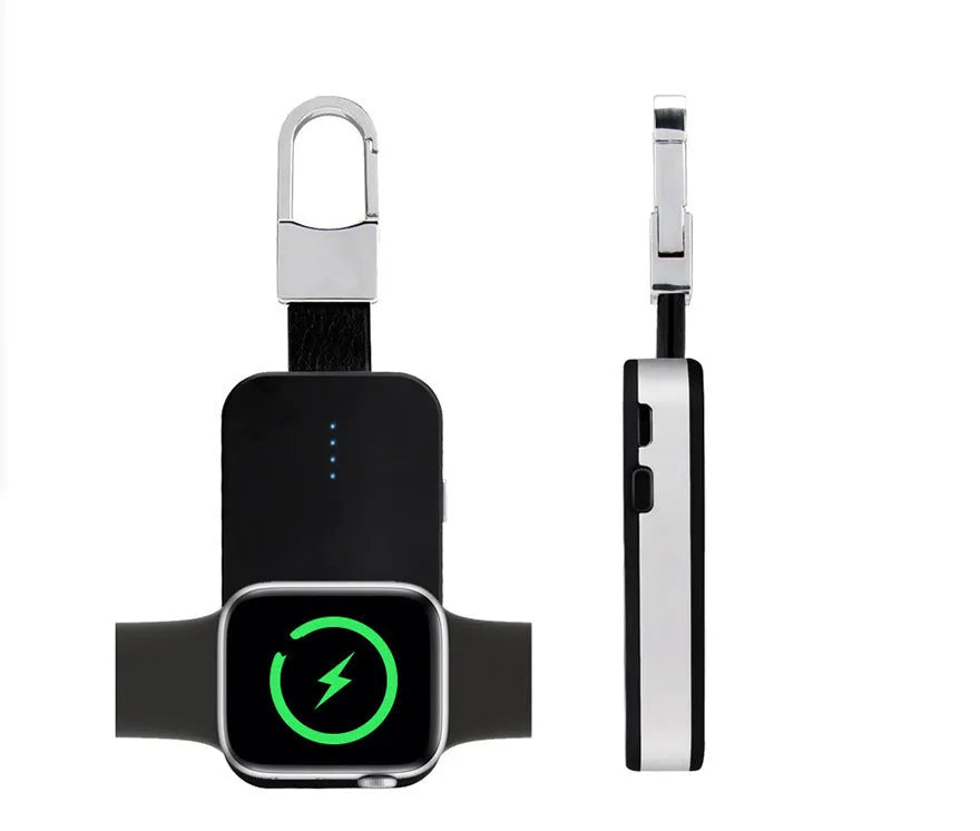 Black Apple Watch wireless power bank with keychain attachment showing compact rectangular design