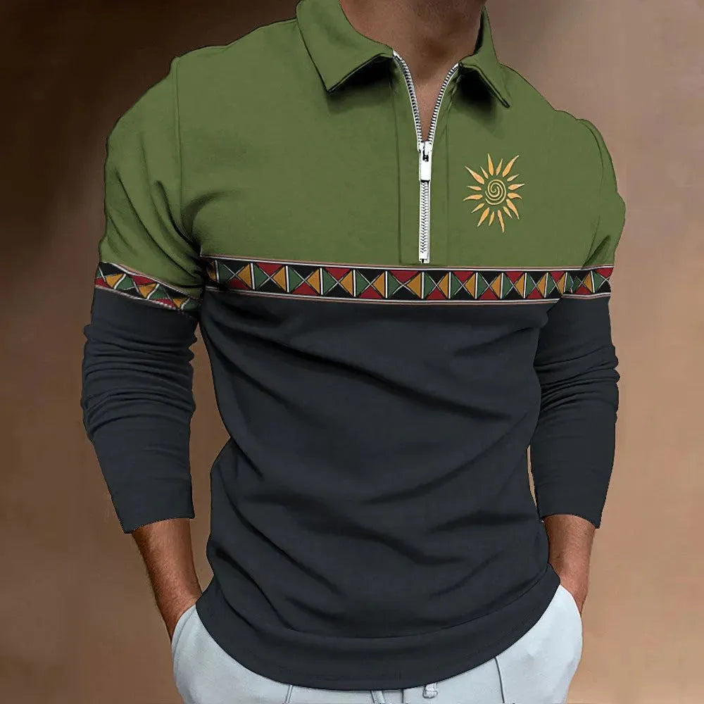 Men's retro striped print long sleeve golf T-shirt with zipper decoration on polyester fabric