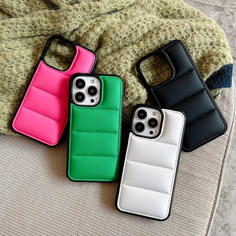 Candy down jacket shape iPhone case in black, white, rose red, and green colours