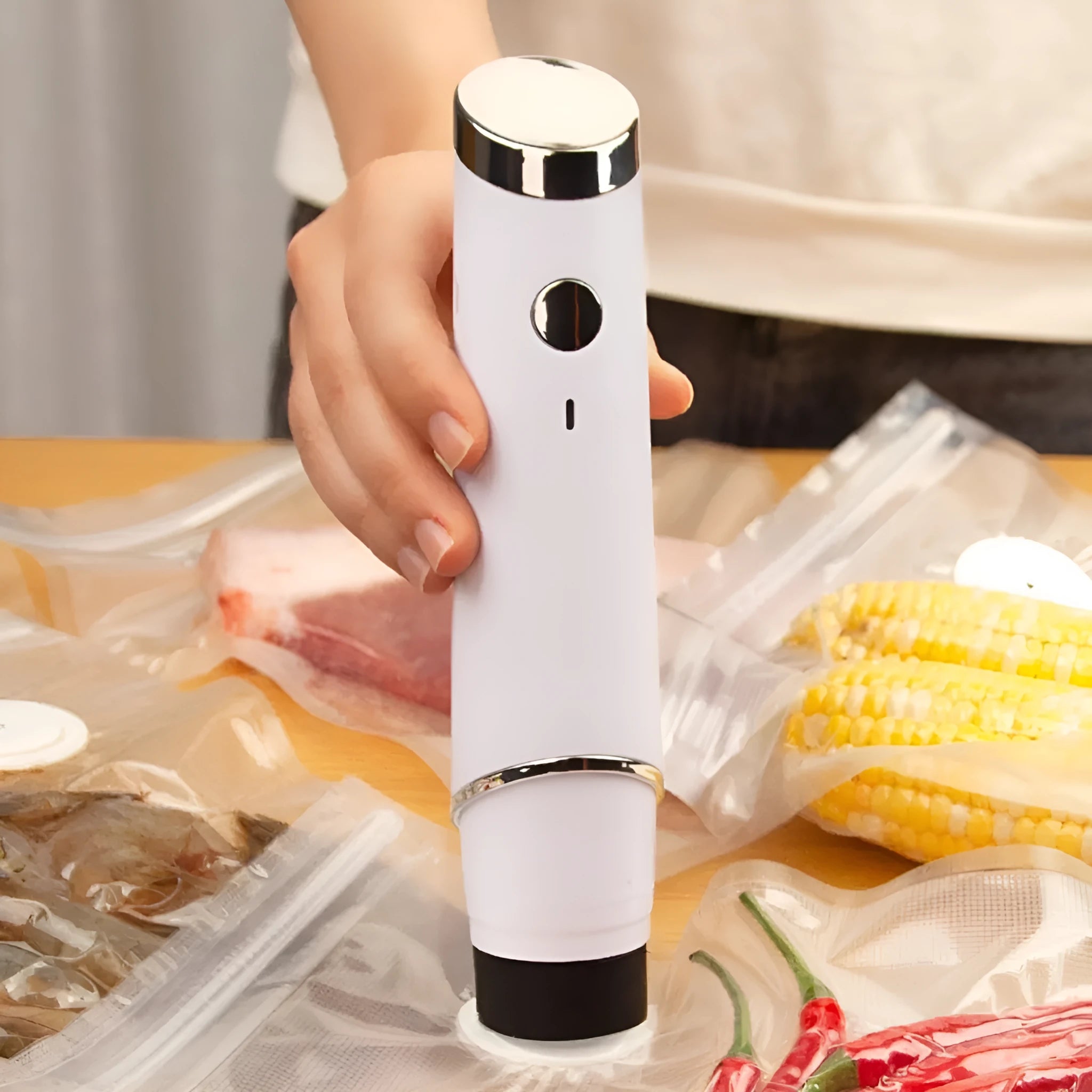 White USB electric vacuum sealer pump with five clear plastic food storage bags