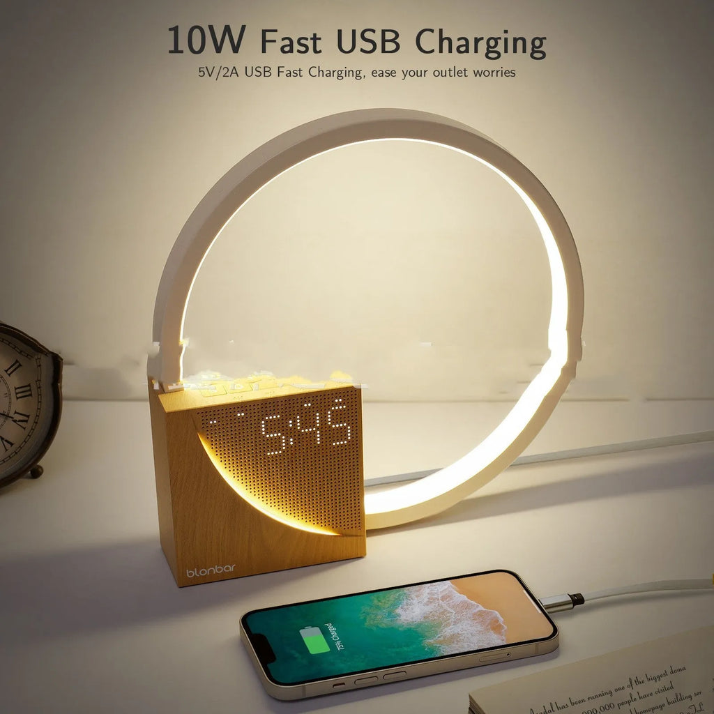 Touch control desk lamp with digital alarm clock display and natural sounds player in wooden finish