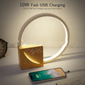 Touch control desk lamp with digital alarm clock display and natural sounds player in wooden finish
