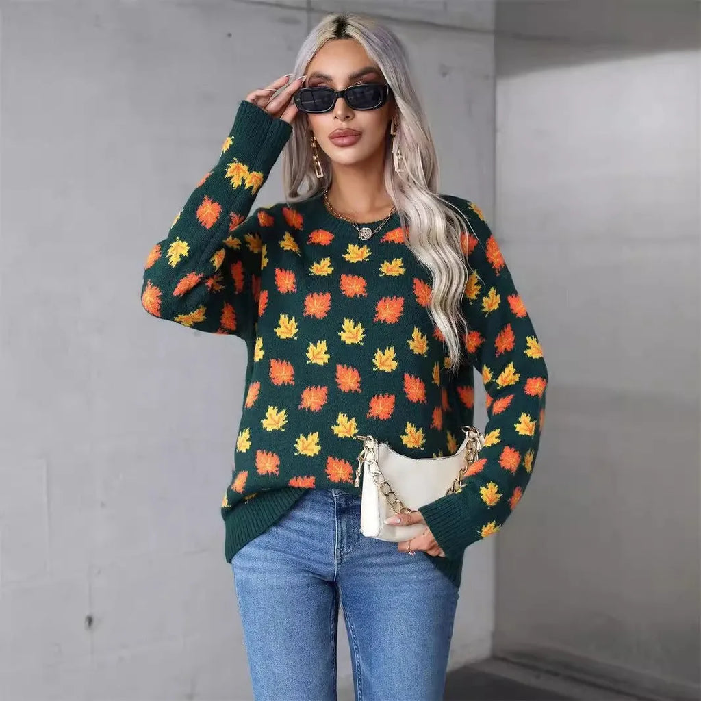 Maple leaf Christmas round neck pullover sweater in loose street fashion style