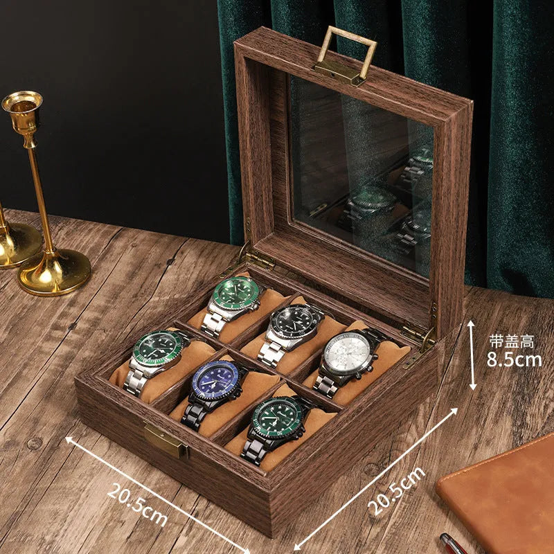 Wood grain PU leather watch storage box with glass lid showing multiple slots with soft pillows
