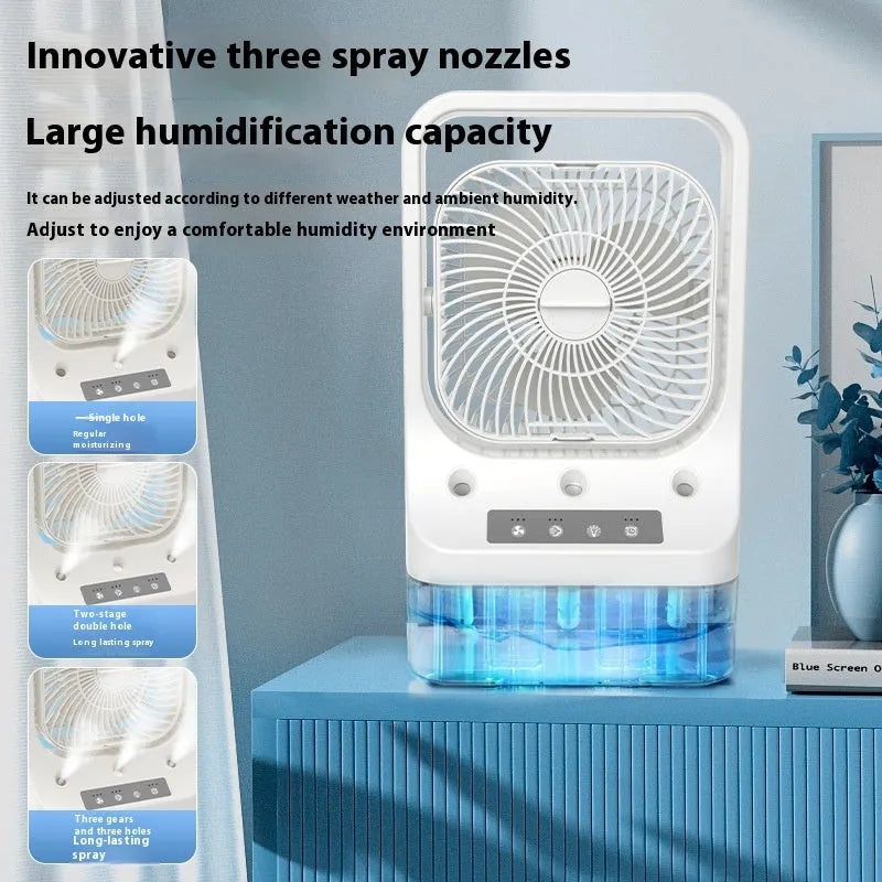 White USB rechargeable air cooler fan with water tank and adjustable head on a table.