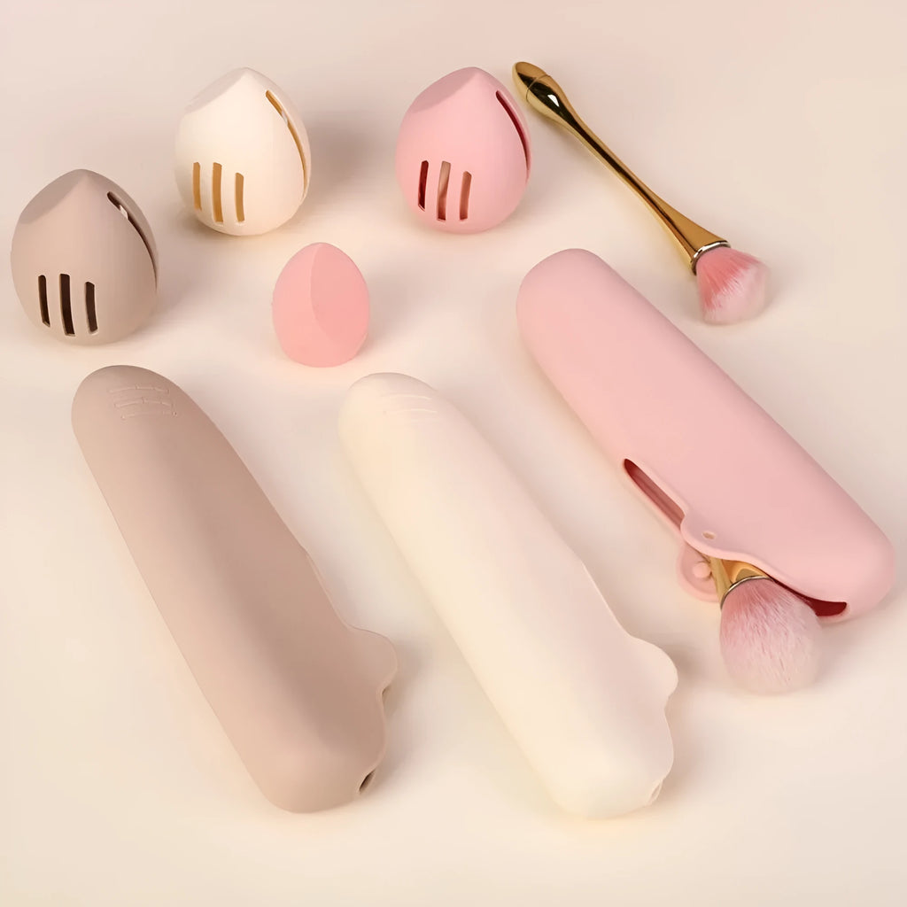Portable silicone cosmetic storage bag in khaki, deep pink, and millet white for travel makeup organisation