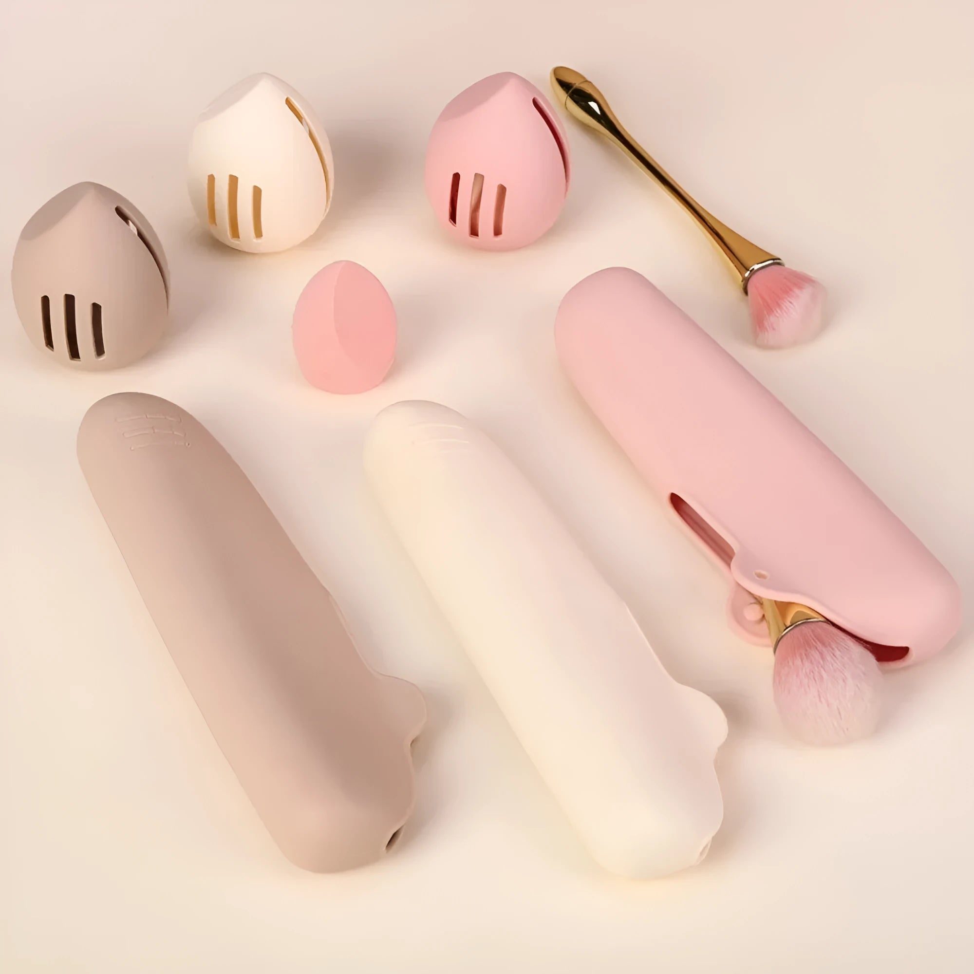 Portable silicone cosmetic storage bag in khaki, deep pink, and millet white for travel makeup organisation