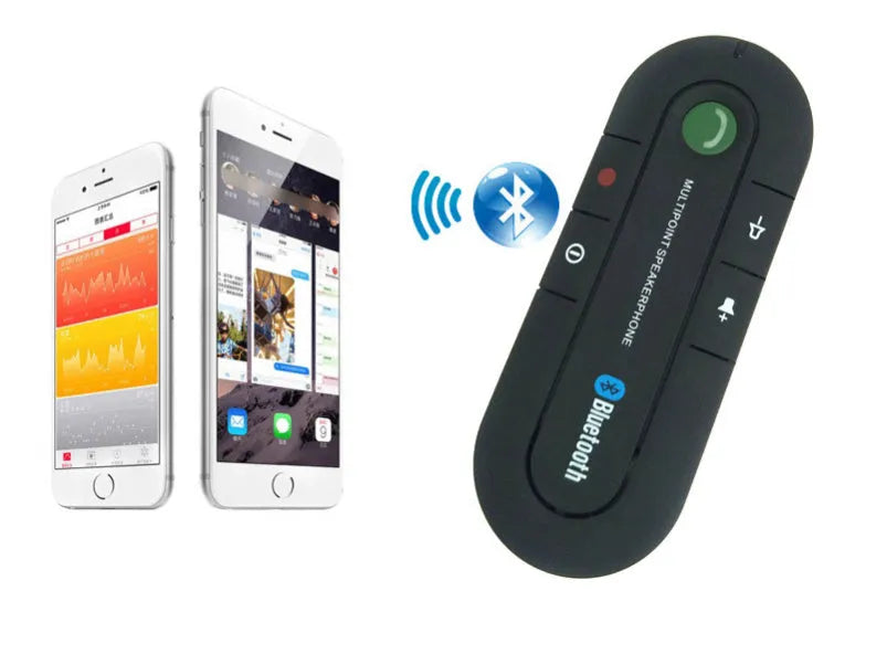 Black car Bluetooth handsfree kit clipped to a sun visor, showing the speaker grille and included car charger.