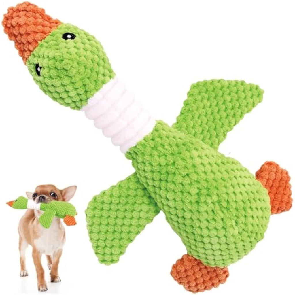 Blue durable plush duck dog toy with squeakers on a white background.