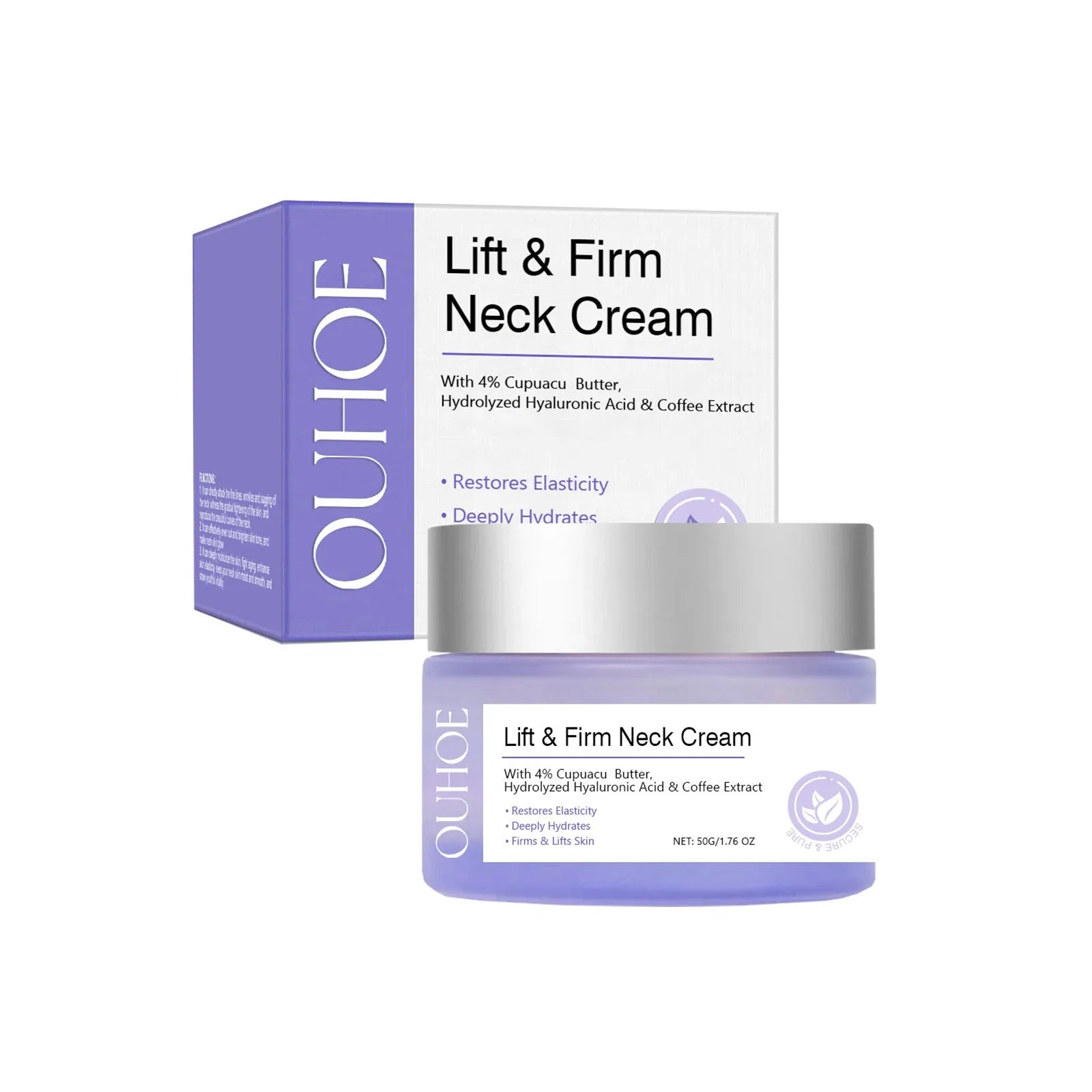 Jar of neck skin cream for moisturising and firming, net weight 50g.