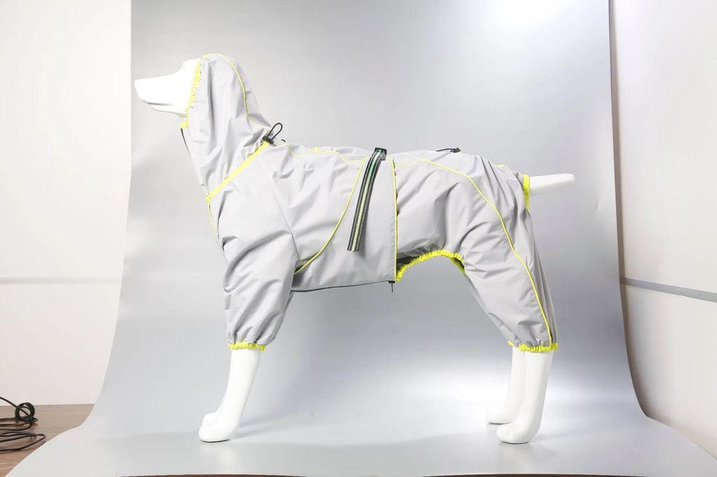 Red dog shell jacket with cotton padding, shown on a model dog.