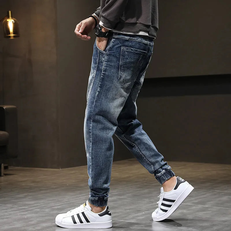 Men's blue plus size velvet stretch jeans with fleece lining, slim casual fit