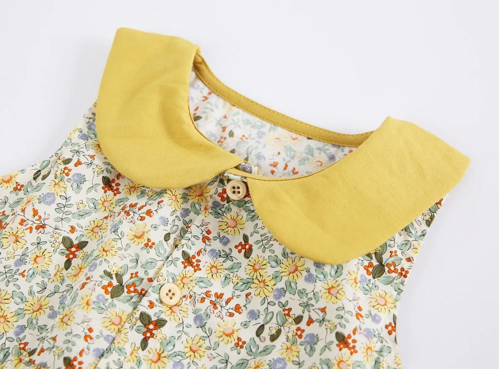 Yellow floral cotton baby romper with doll collar for girls, triangle jumpsuit style