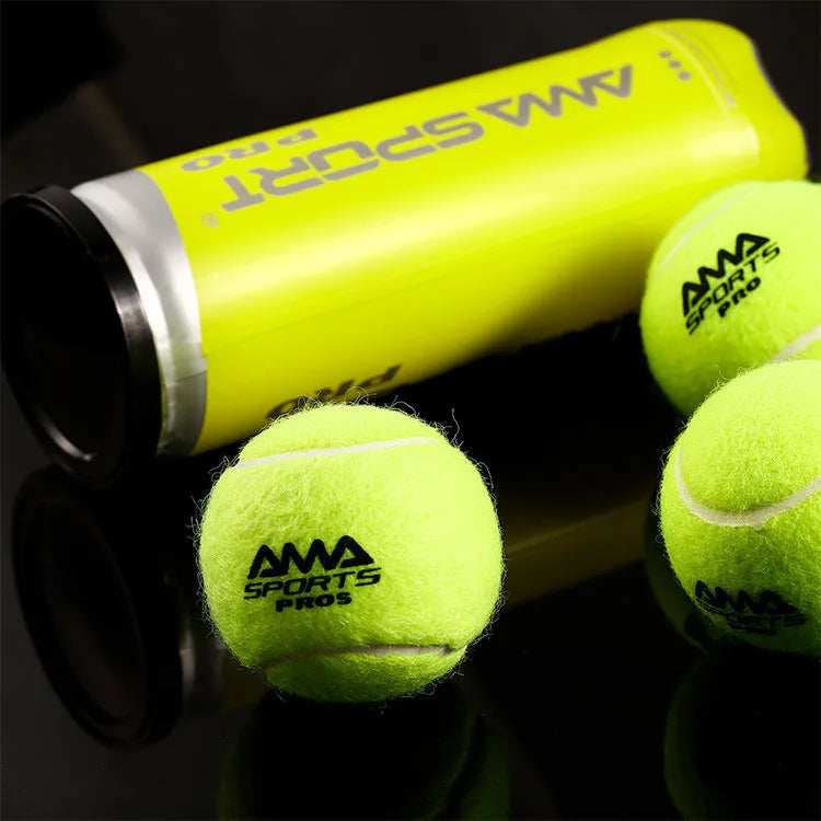 Three cage plate tennis training balls in Cricket-PRO colours showing high elasticity construction for court practice