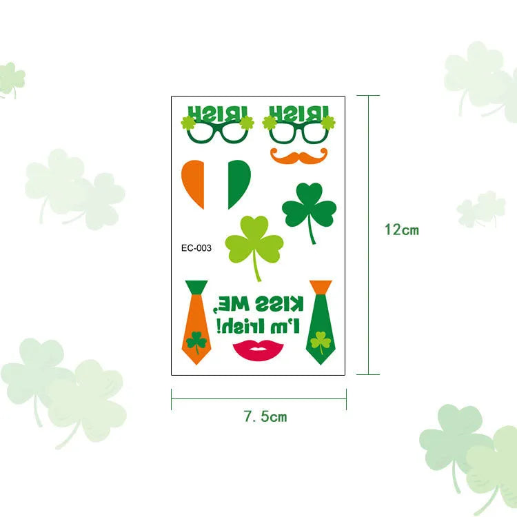 St Patrick's Day clover design temporary tattoo sticker for children measuring 120 by 75 millimetres.