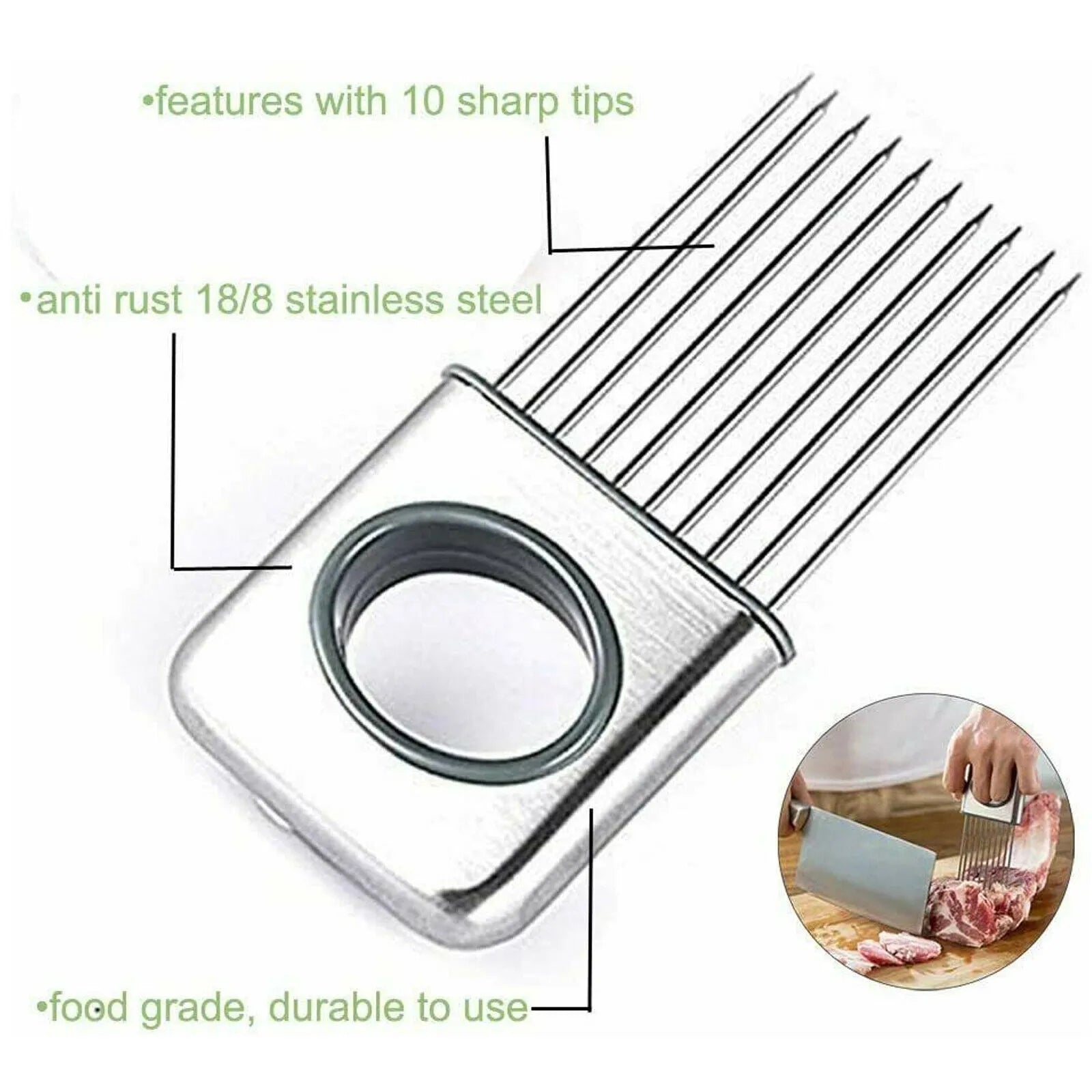 Stainless steel onion holder slicer with sharp prongs and a red finger guard on a cutting board.
