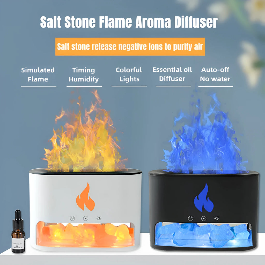 Square white ultrasonic humidifier and aromatherapy diffuser with colourful 3D flame light effect on a desk.