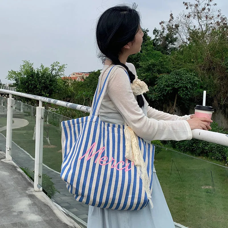 Blue striped letters printed cotton canvas bag with pink blue and white stripes