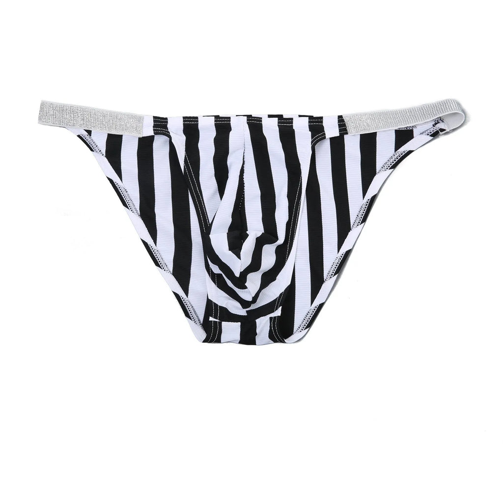 Men's zebra striped briefs with U pouch support in shiny nylon fabric