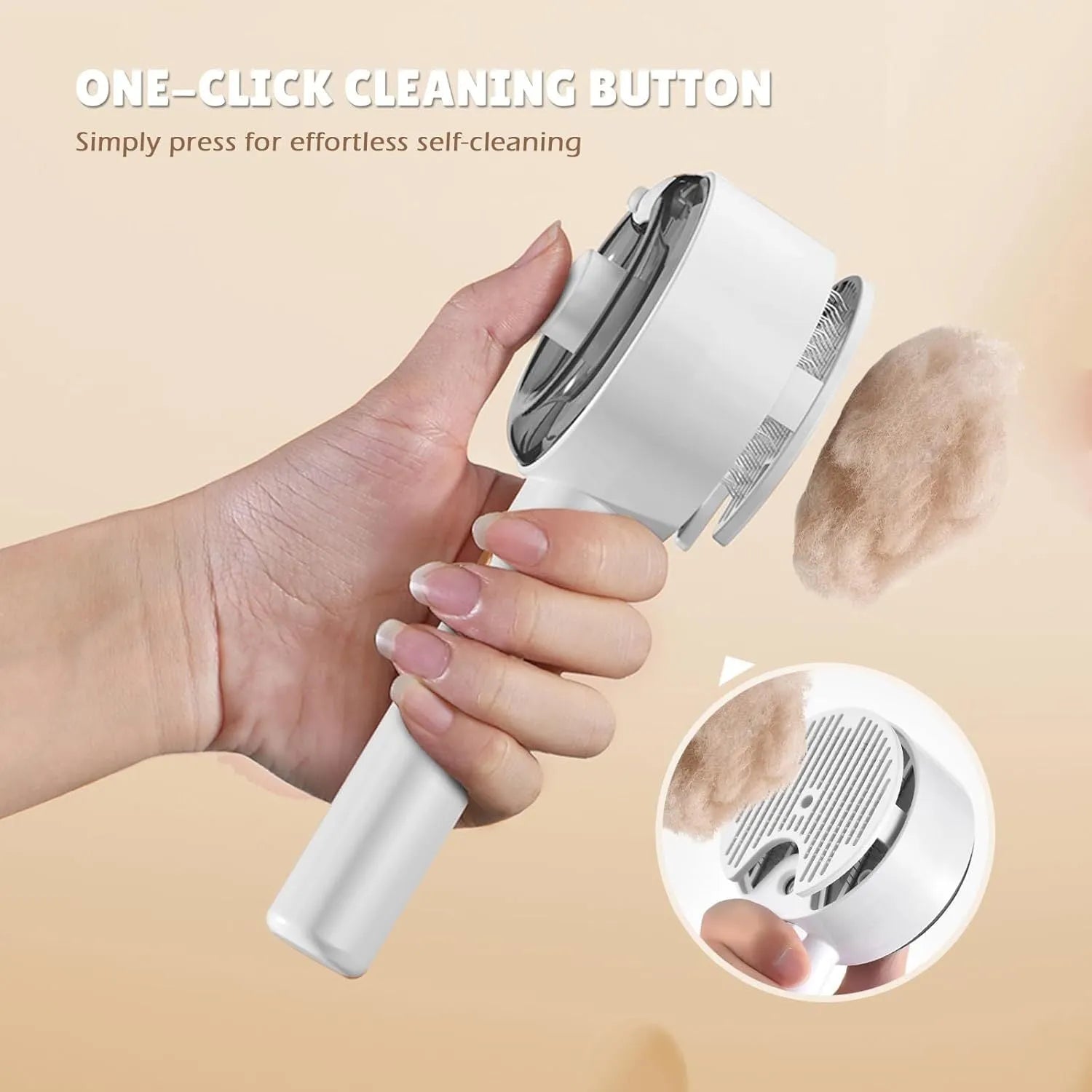 Pink and white cat grooming brush with water tank, stainless steel bristles, and mist spray function