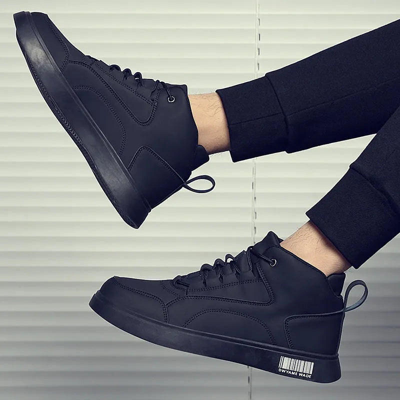 Men's white mid-top casual lace-up shoes with round toe and rubber sole.