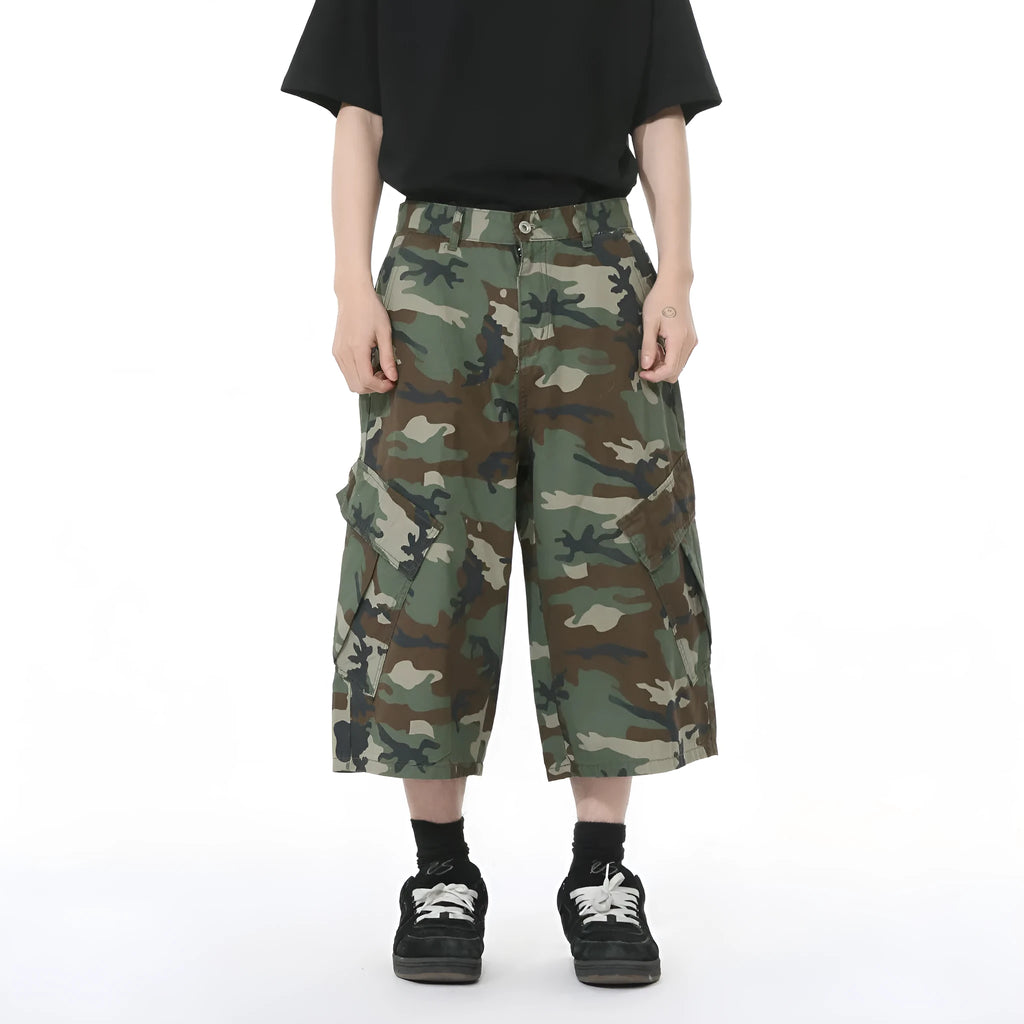 Cotton men's camouflage trousers with wide leg loose fit and American side stitching