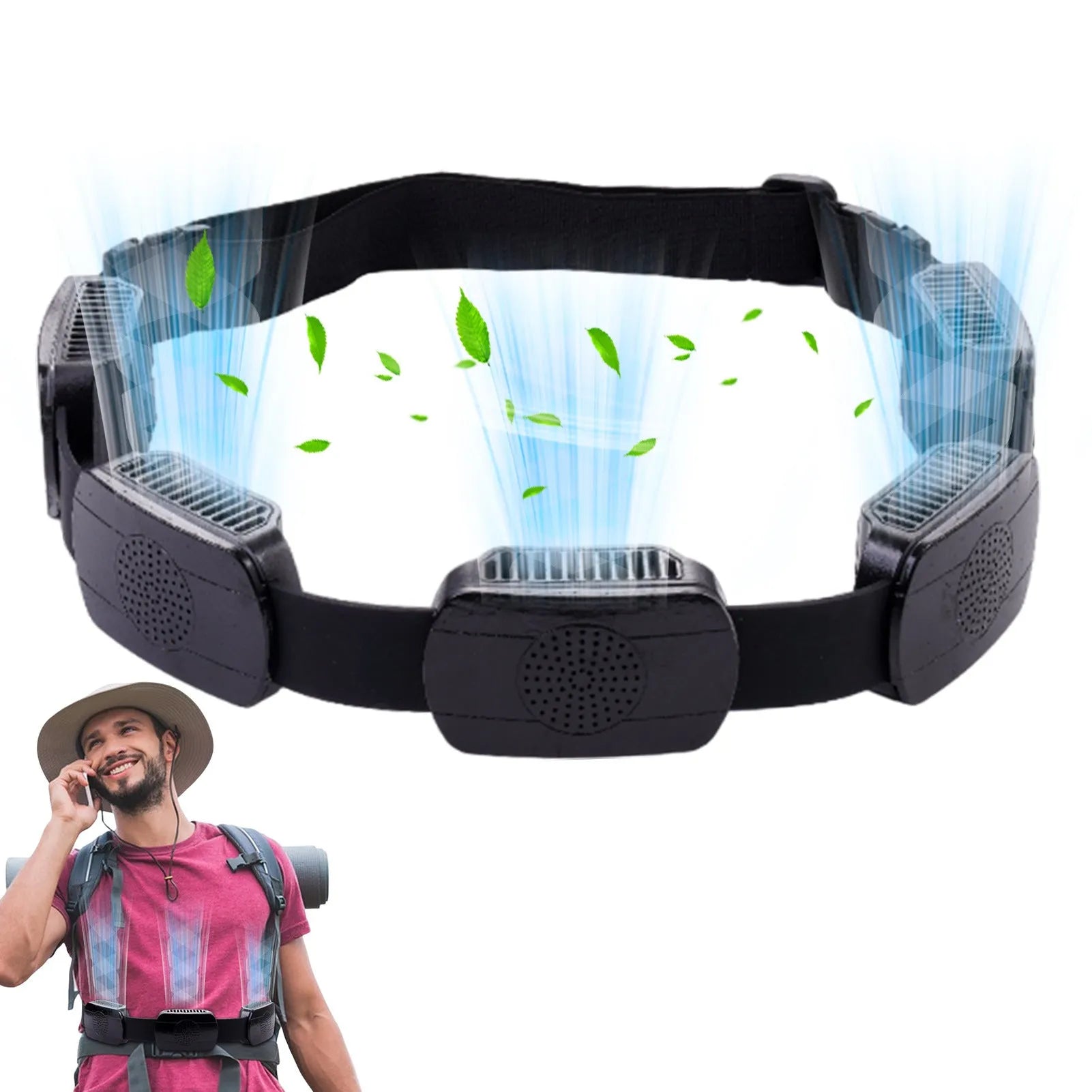 Black outdoor portable USB ring waist fan with five fans on a belt and 1.5m boost cable