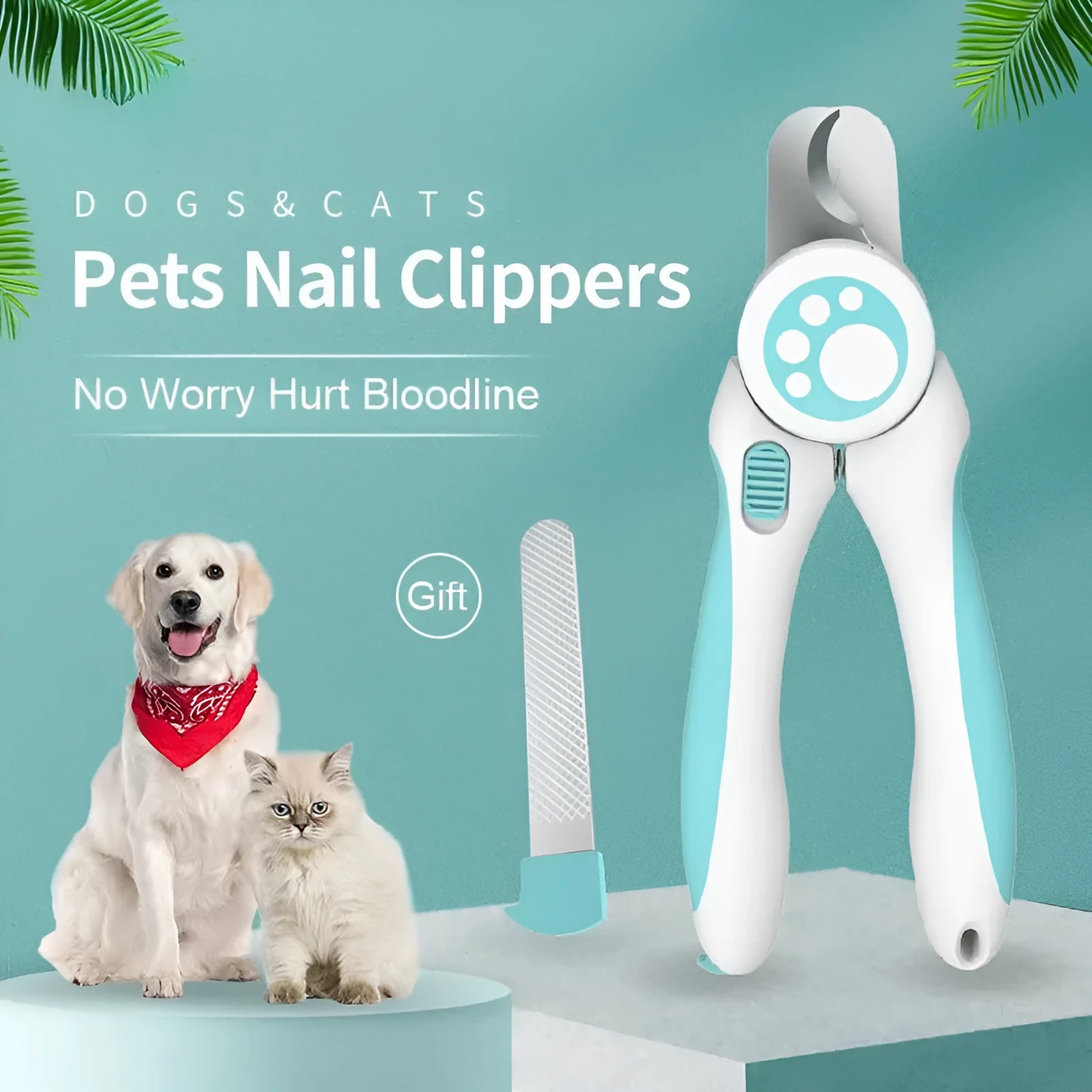 Blue and white pet nail clipper with stainless steel blades and safety stop for dogs and cats