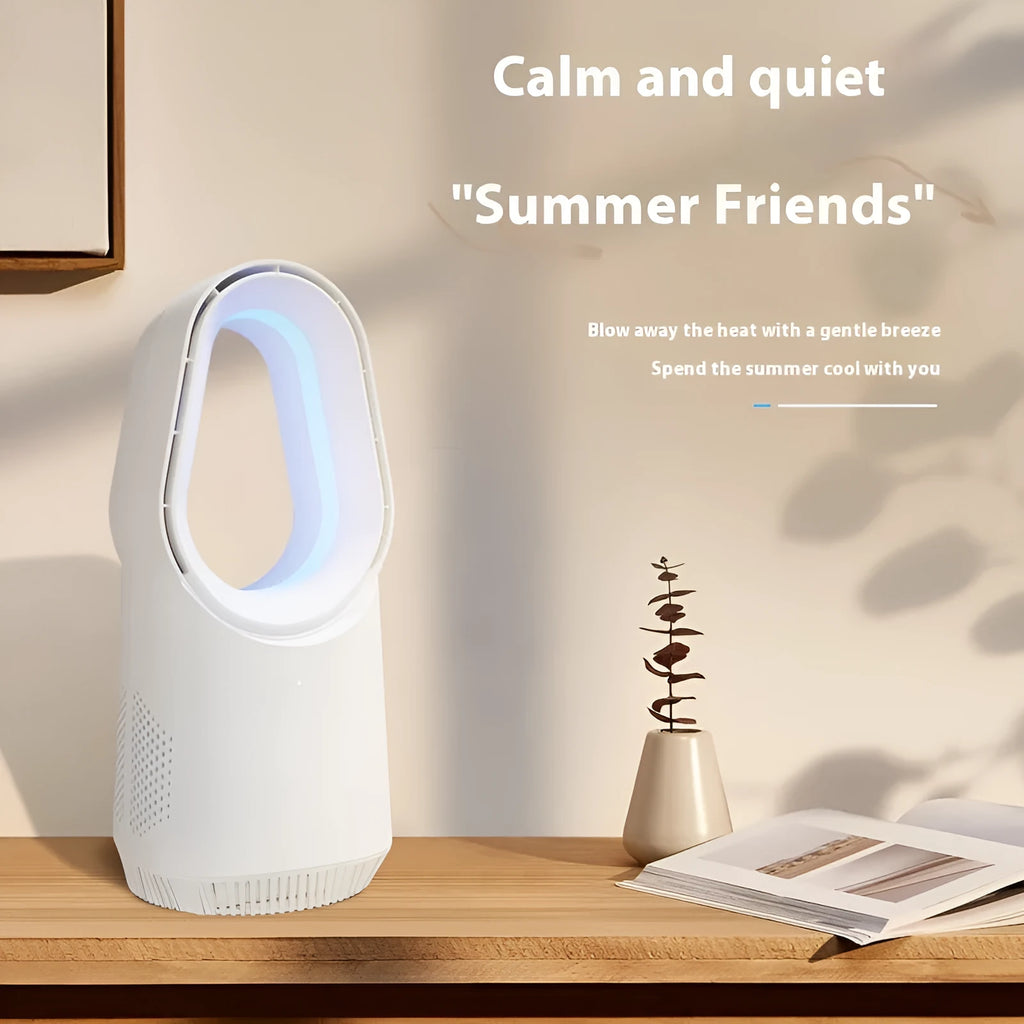 White SK bladeless tower fan with remote control on desktop