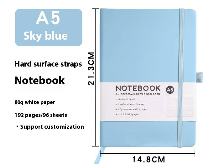 A5 diary notebook with soft skin-feel PU leather cover, strap closure, and horizontal line inner pages
