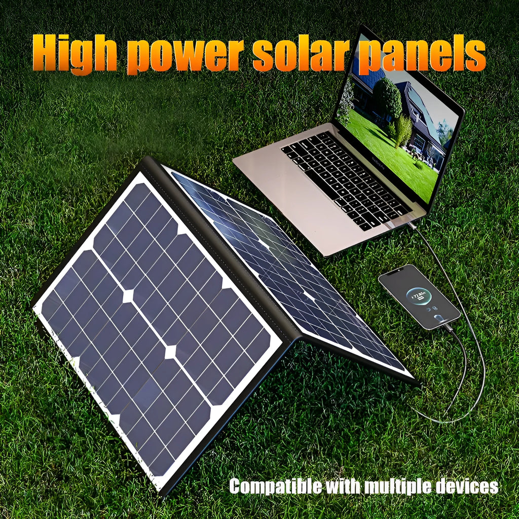 Black 40W solar panel folded inside its portable carrying bag.