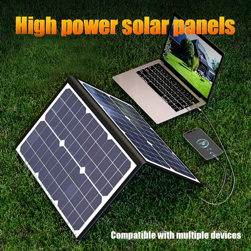 Black 40W solar panel folded inside its portable carrying bag.