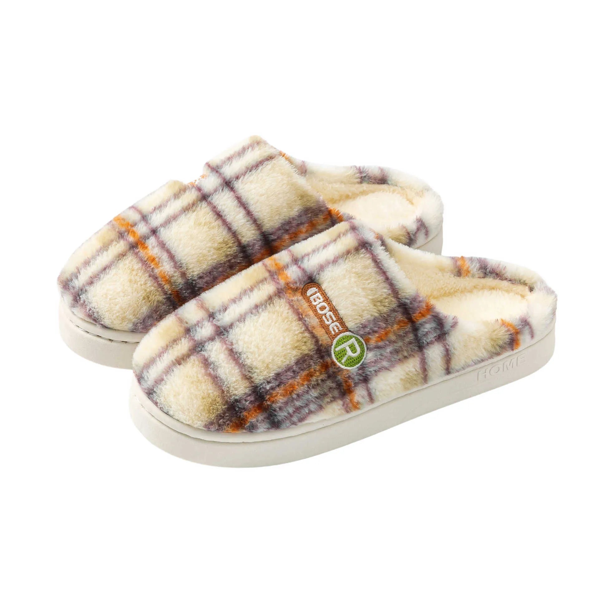 Plaid cotton slippers with non-slip PVC sole for indoor home use