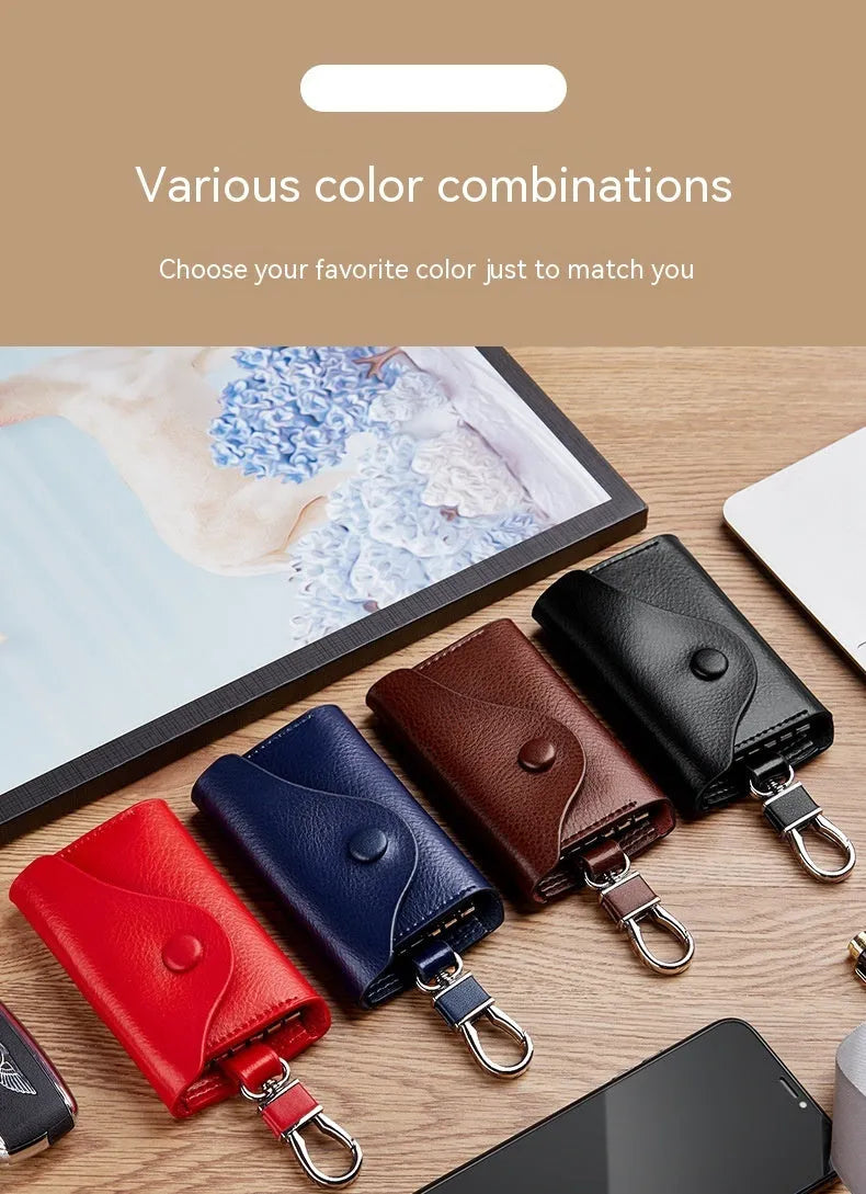 Genuine leather keychain card holder showing square vertical design and internal key organisation
