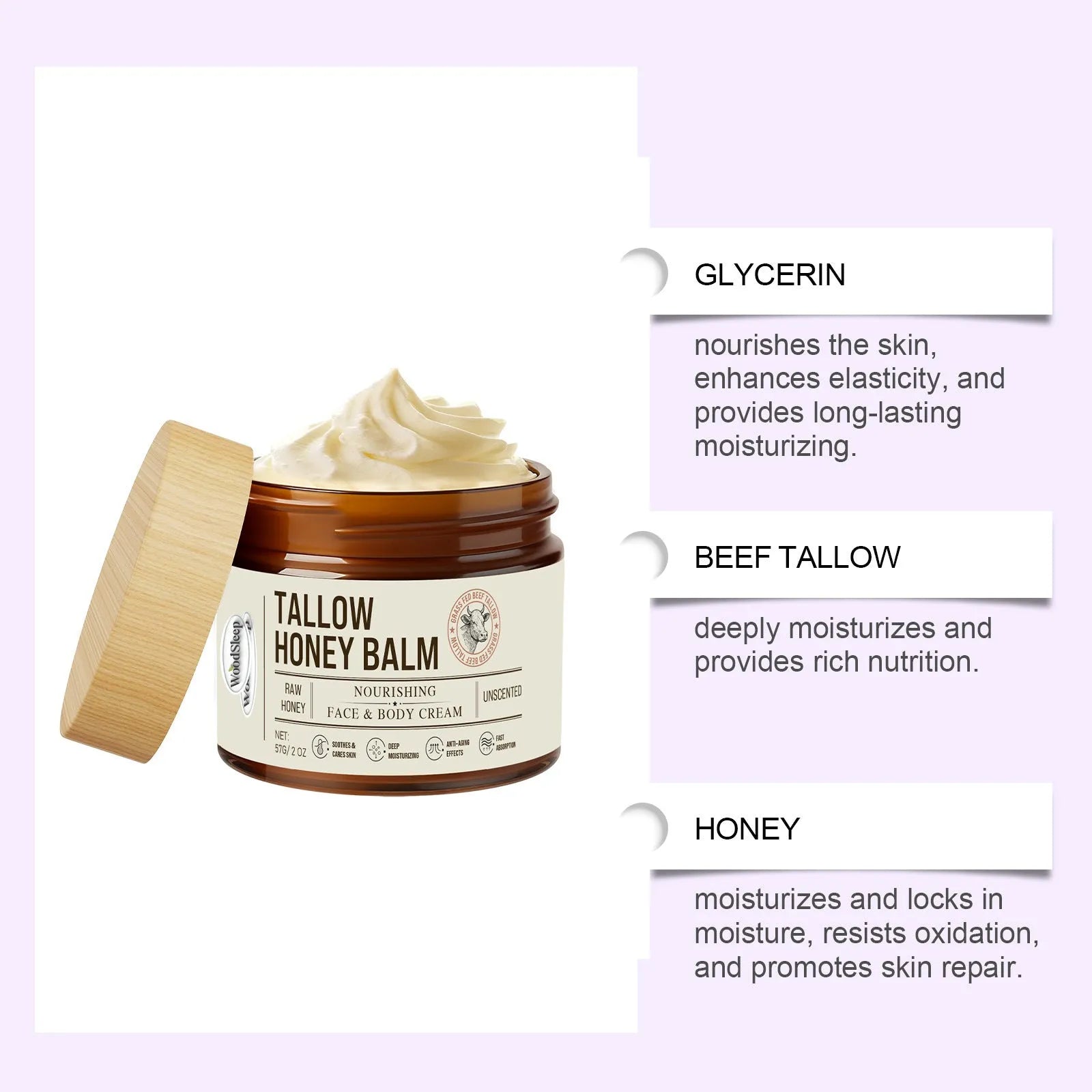 57g tallow honey skin repair moisturising cream container for dry skin relief and elasticity restoration