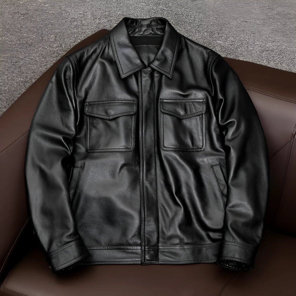 Men's black plus size lapel leather jacket with side pockets on mannequin