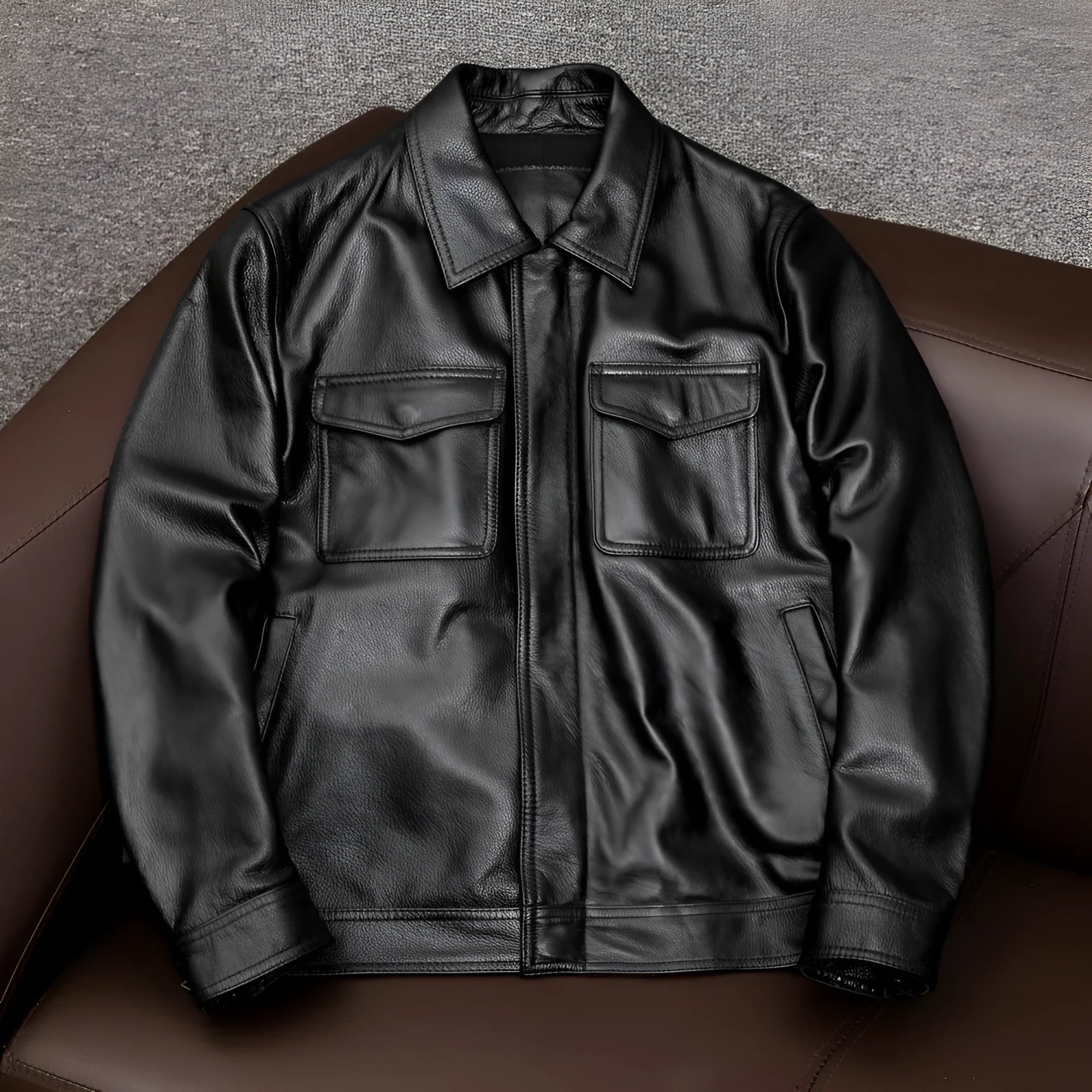 Men's black plus size lapel leather jacket with side pockets on mannequin
