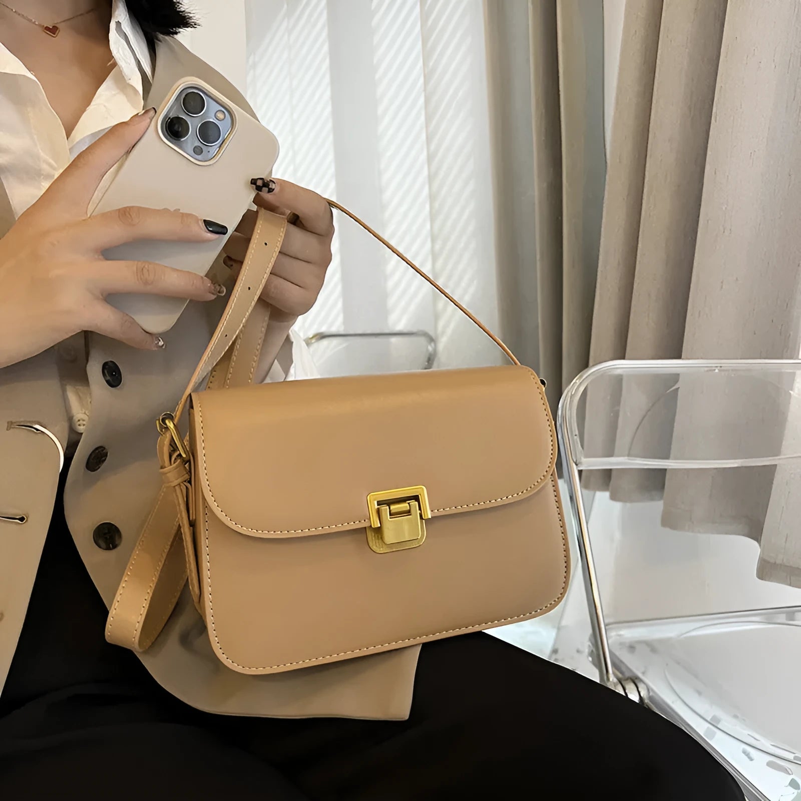 Women's soft PU leather cross-body bag in horizontal square shape showing texture detail and colour options