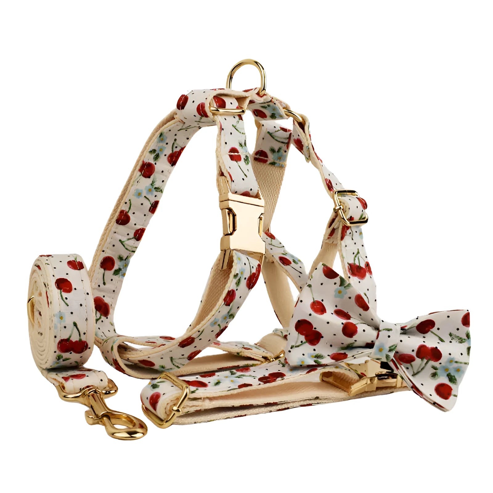Red cherry print cloth dog collar with light gold release buckle, part of a five-piece pet accessory set.