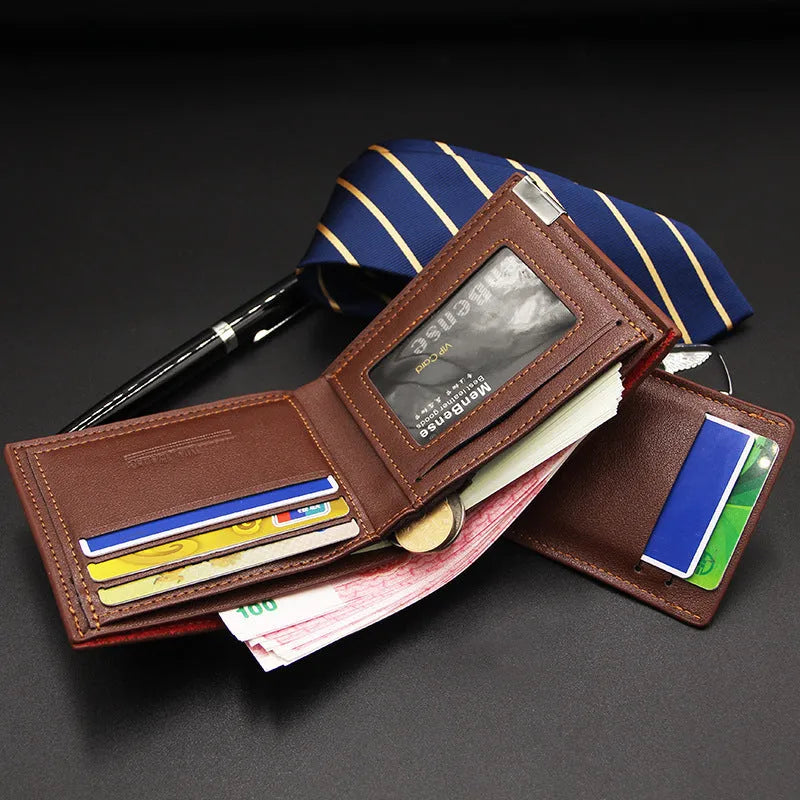 Men's black PU leather short wallet showing iron-edge card-picking design