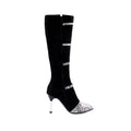 Grey and black women's knee high boots with a thin high heel and velvet lining.