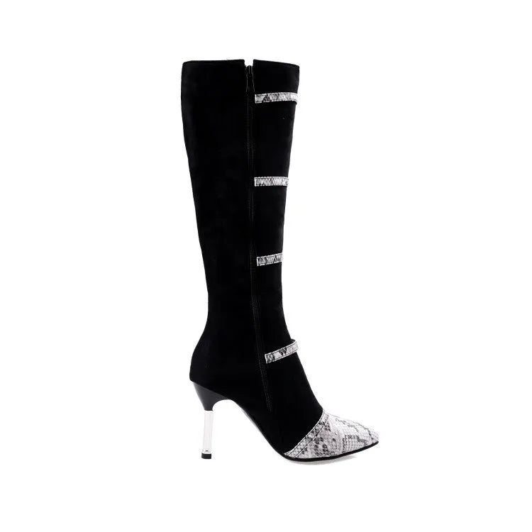 Grey and black women's knee high boots with a thin high heel and velvet lining.