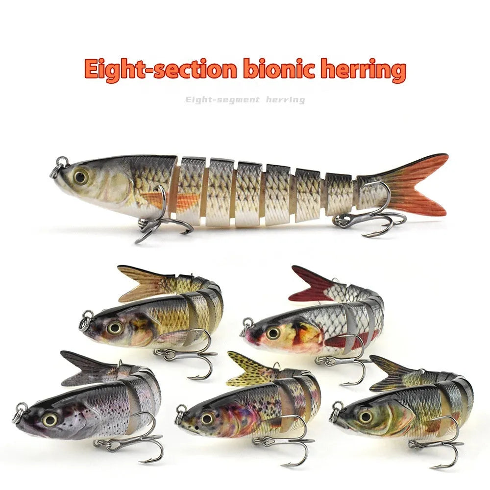 Hard plastic fishing bait lure showing bionic fish design, 133mm long, with colour options and storage box.