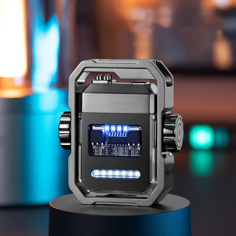Pulse Lighter showing windproof double arc, USB-C port, and mechanical gyroscope in folded and open positions.