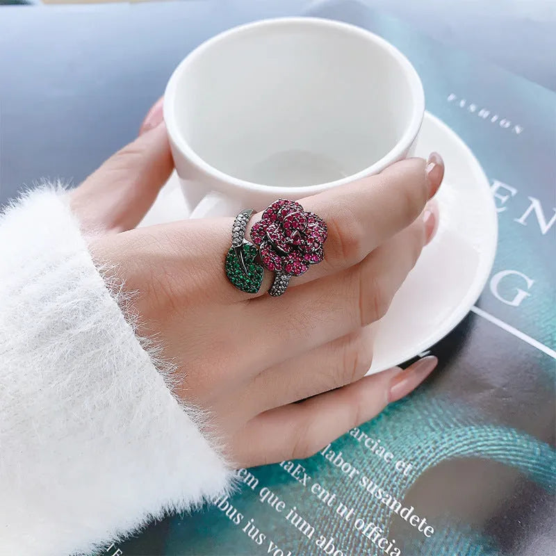 Geometric black gold ring with simulated red corundum stone, women's personality jewellery