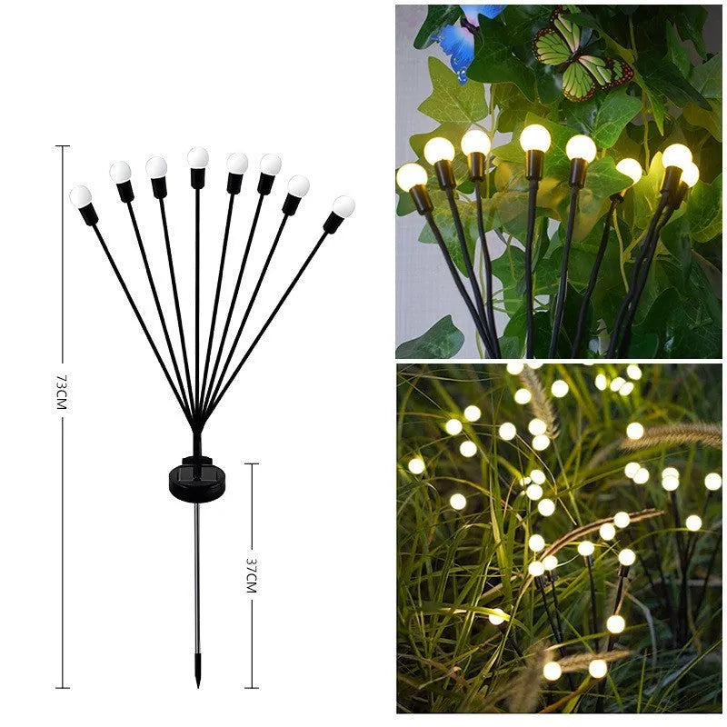Set of solar-powered LED garden lights with ground spikes, showing firefly-style heads and solar panel.