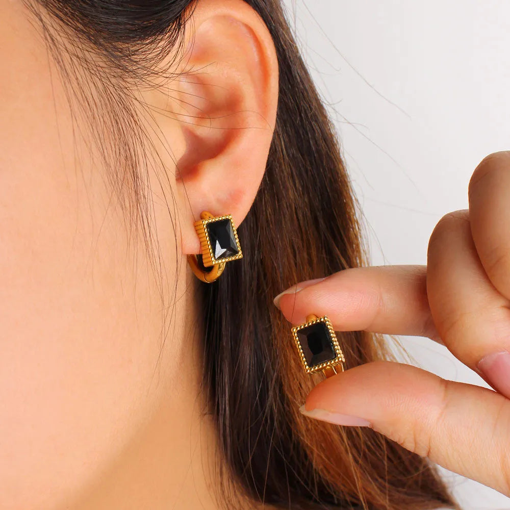Square zircon stone geometric earrings in stainless steel, available in white, black, or green.