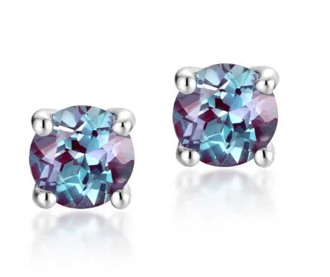 A pair of geometric 925 silver ear studs featuring a cultivated Alexandrite stone.