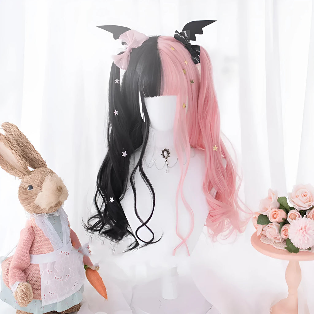 Harajuku Japanese Lolita long curly black and pink wig with bangs for cosplay.