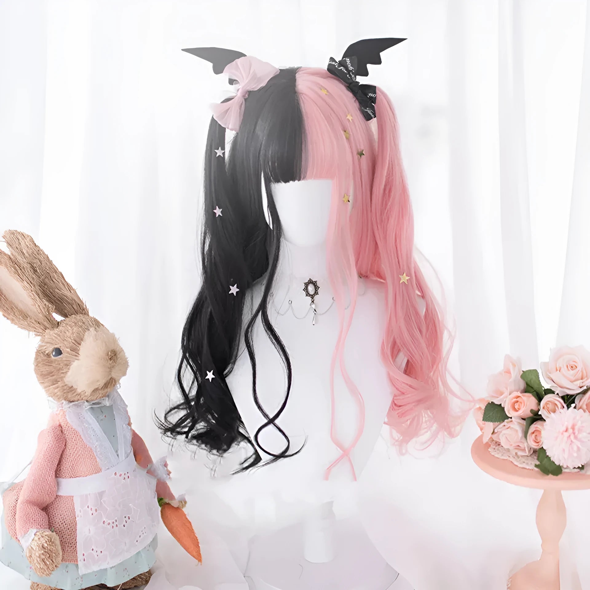 Harajuku Japanese Lolita long curly black and pink wig with bangs for cosplay.